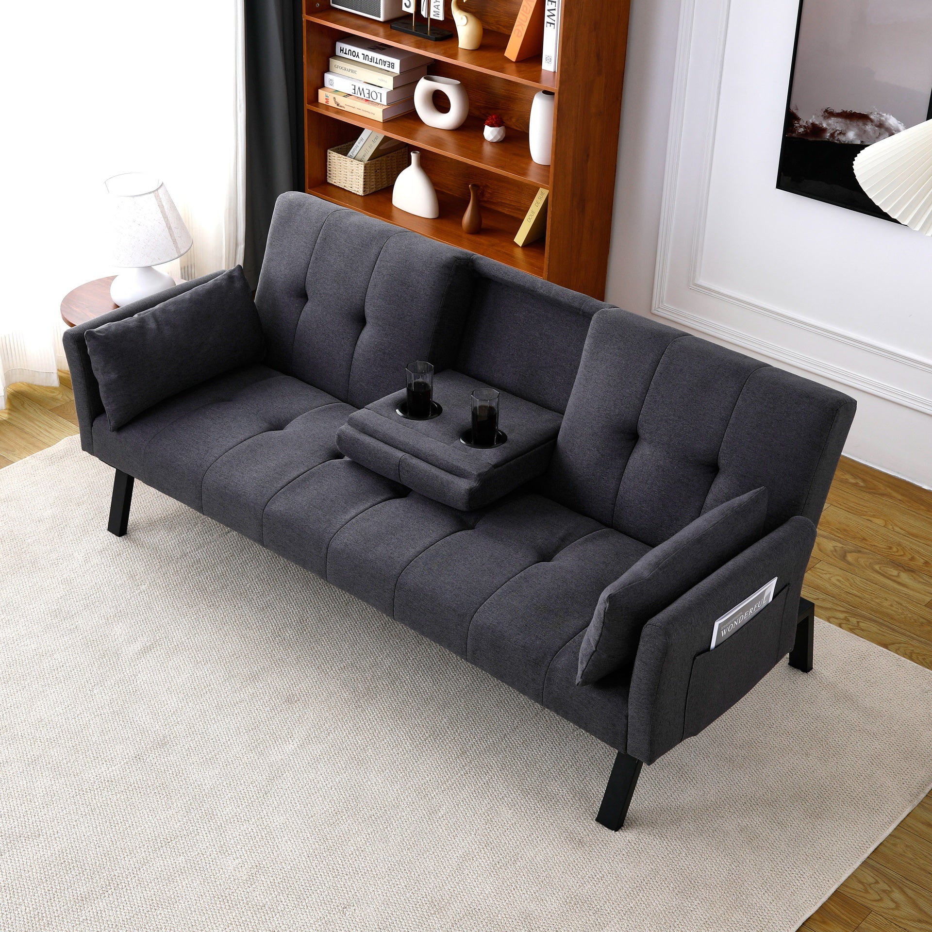 70-inch multi-functional cotton and linen sofa bed: foldable + cup holder + side storage, instantly switch between living room and bedroom
