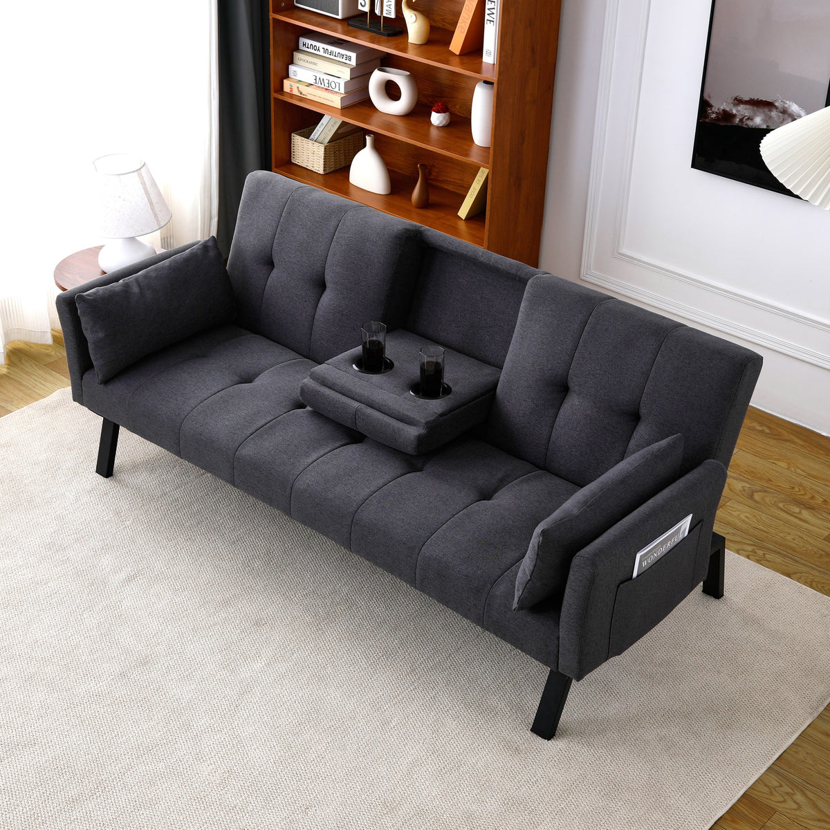 70-inch multi-functional cotton and linen sofa bed: foldable + cup holder + side storage, instantly switch between living room and bedroom