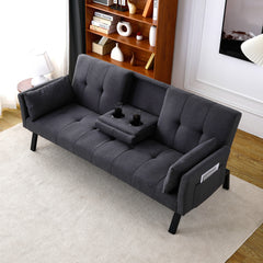 70-inch multi-functional cotton and linen sofa bed: foldable + cup holder + side storage, instantly switch between living room and bedroom