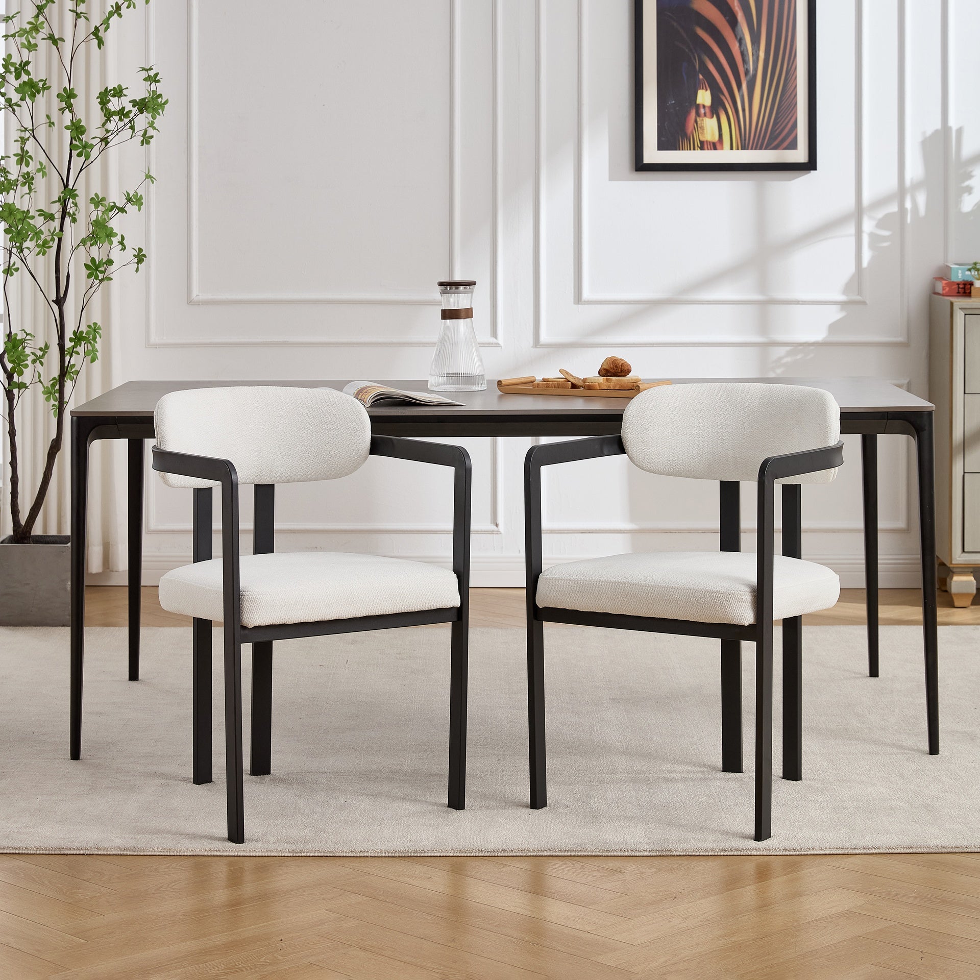 Modern Dining Room Chairs Set of 2, Mid-Century Upholstered Boucle Kitchen Dining Chairs with Black Metal Legs