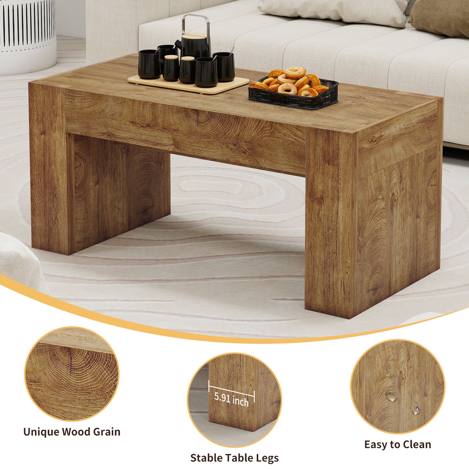 48" Farmhouse Coffee Table, Rectangle Wooden Center Table with Hidden Storage Drawer, Thick Coffee Tables for Living Room, Office, Apartment, Rest Area, Natural Wood Color
