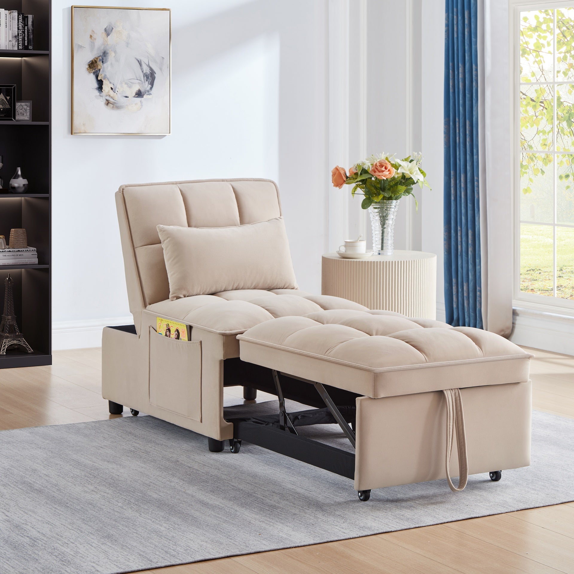 4 in1 Multi-Function Single Sofa Bed with Storage Pockets,Tufted Single Pull-out Sofa Bed with Adjustable Backrest and Pillows ,Convertible  Chaise Lounge,Taupe