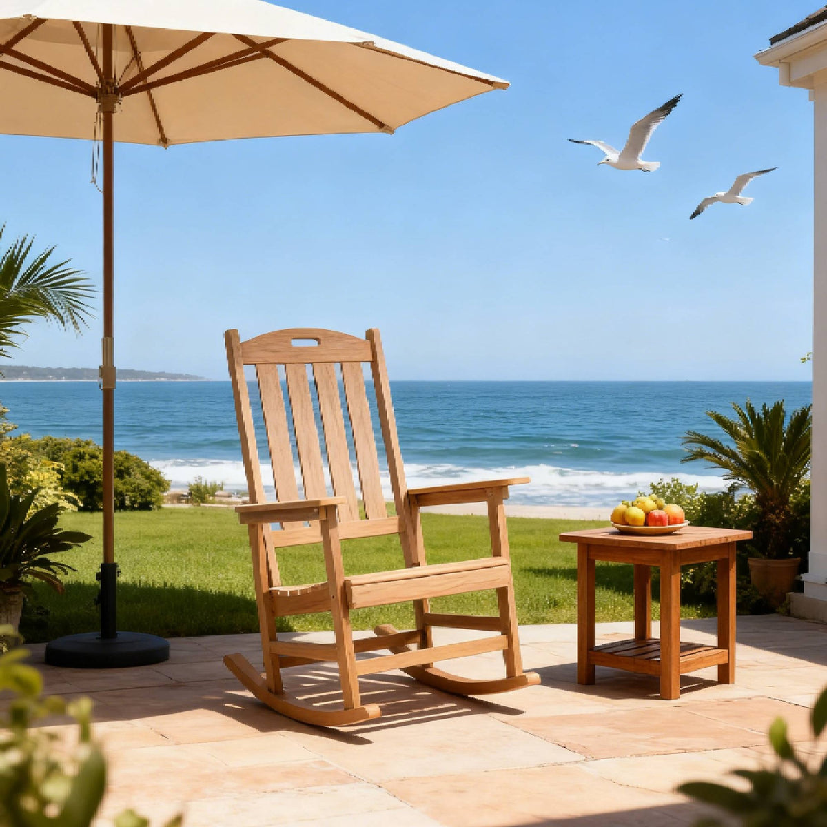Rocking chair teak color, suitable for all seasons: Outdoor lounge chair, made of sturdy HIPS material, equipped with 304 stainless steel accessories.