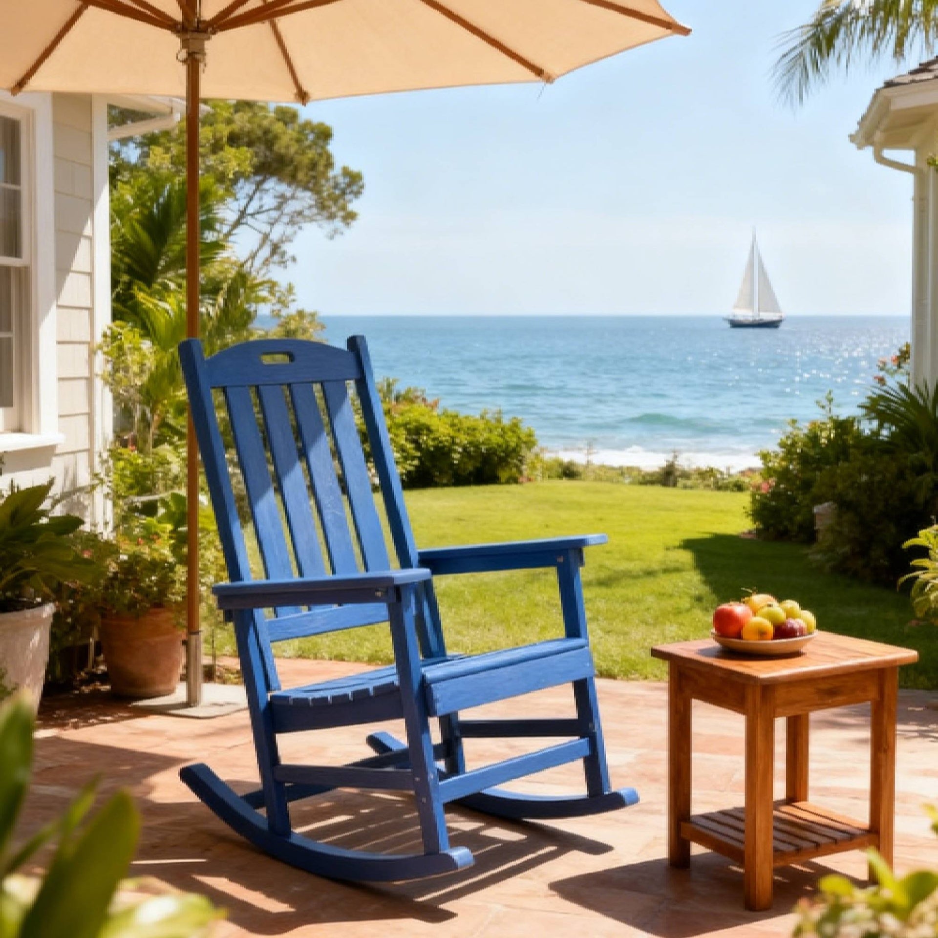 Rocking chair navy blue color, suitable for all seasons: Outdoor lounge chair, made of sturdy HIPS material, equipped with 304 stainless steel accessories.