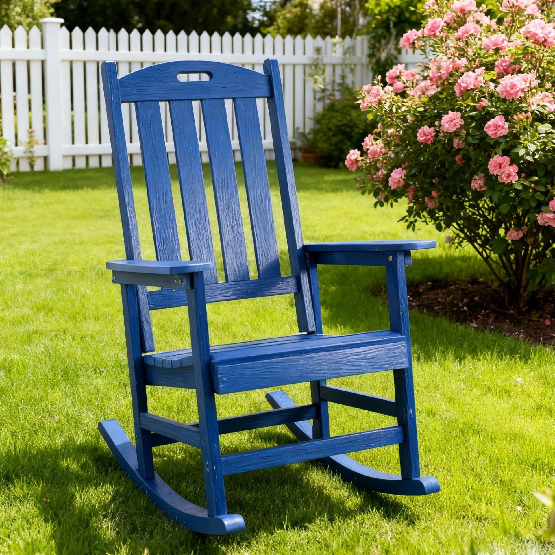 Rocking chair navy blue color, suitable for all seasons: Outdoor lounge chair, made of sturdy HIPS material, equipped with 304 stainless steel accessories.