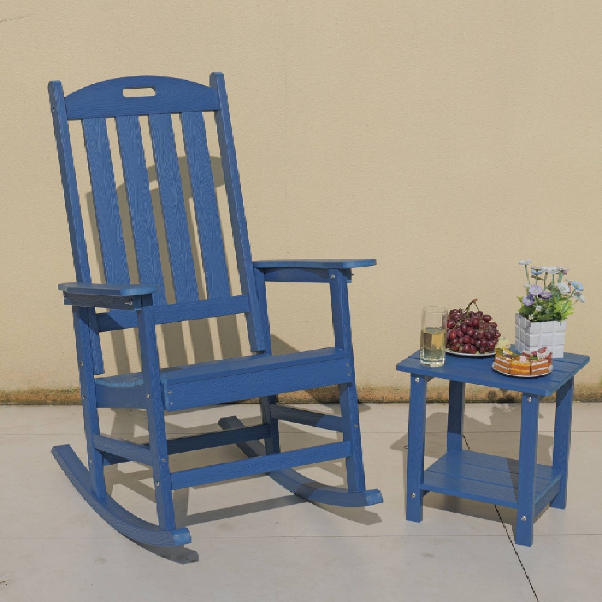 Rocking chair navy blue color, suitable for all seasons: Outdoor lounge chair, made of sturdy HIPS material, equipped with 304 stainless steel accessories.