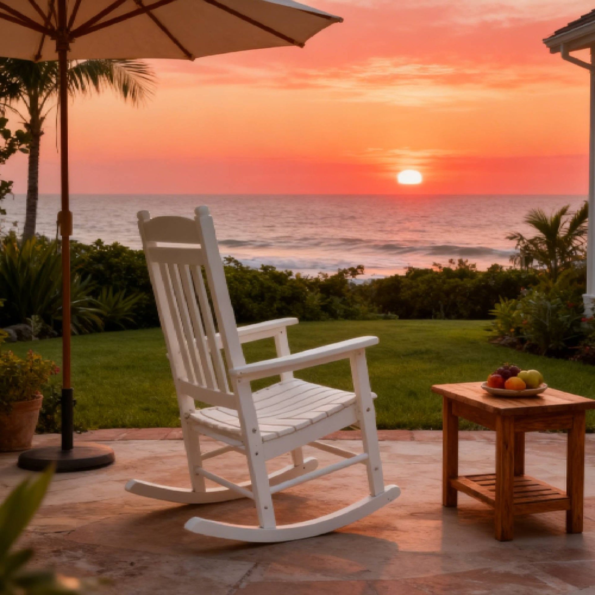 Rocking chair white color, suitable for all seasons: Outdoor lounge chair, made of sturdy HIPS material, equipped with 304 stainless steel accessories.