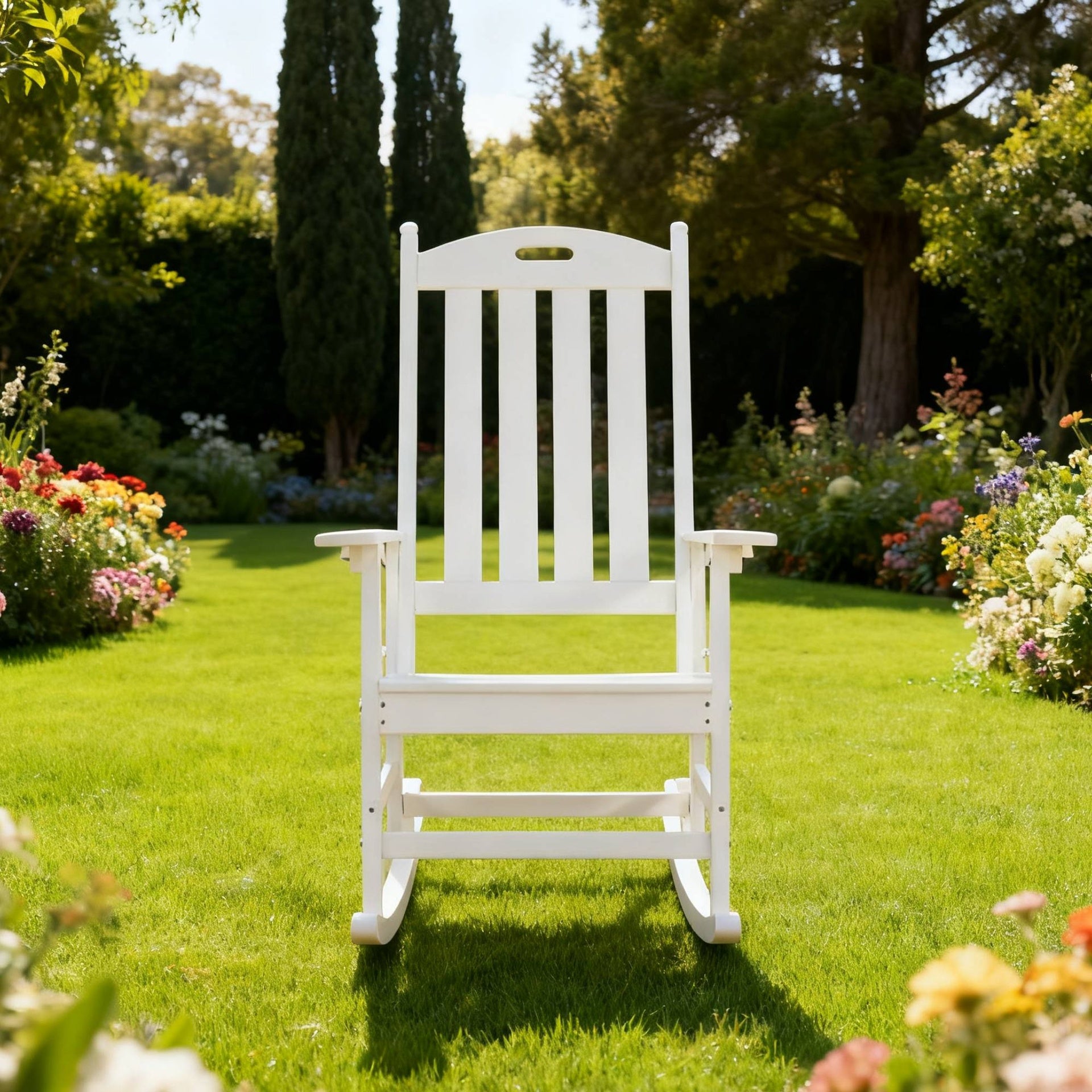 Rocking chair white color, suitable for all seasons: Outdoor lounge chair, made of sturdy HIPS material, equipped with 304 stainless steel accessories.