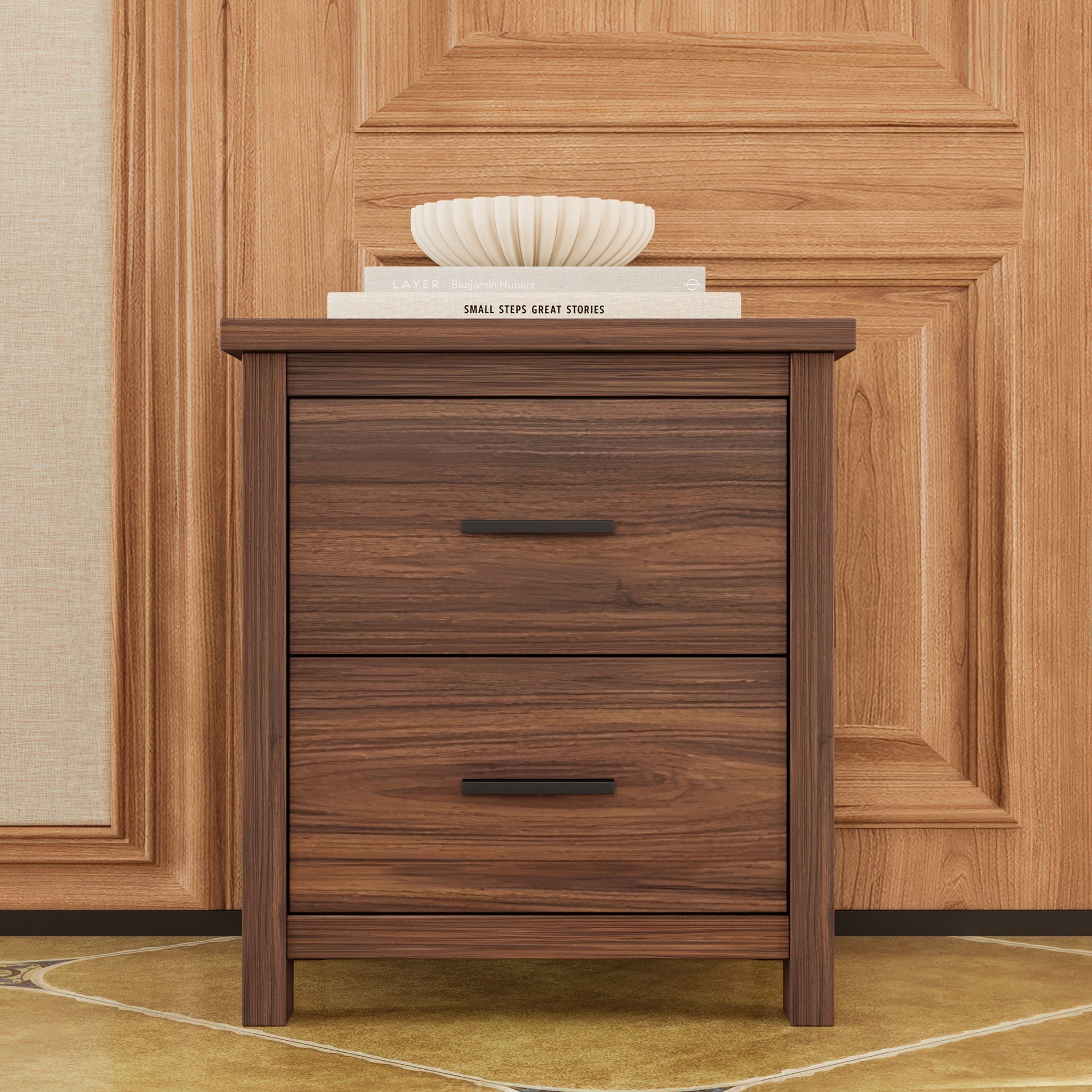 4PCS Bedroom Sets, Wooden Queen Size Bed Frame with Storage Headboard and Charging Station, 2 Nightstands with 2 Drawers, 1 Dresser with 5 Drawers, Walnut