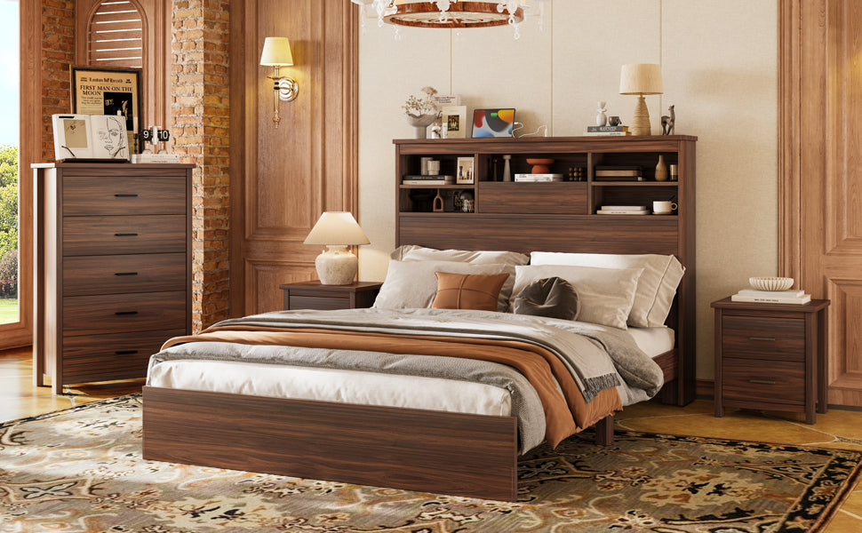 4PCS Bedroom Sets, Wooden Queen Size Bed Frame with Storage Headboard and Charging Station, 2 Nightstands with 2 Drawers, 1 Dresser with 5 Drawers, Walnut