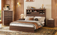4PCS Bedroom Sets, Wooden Queen Size Bed Frame with Storage Headboard and Charging Station, 2 Nightstands with 2 Drawers, 1 Dresser with 5 Drawers, Walnut