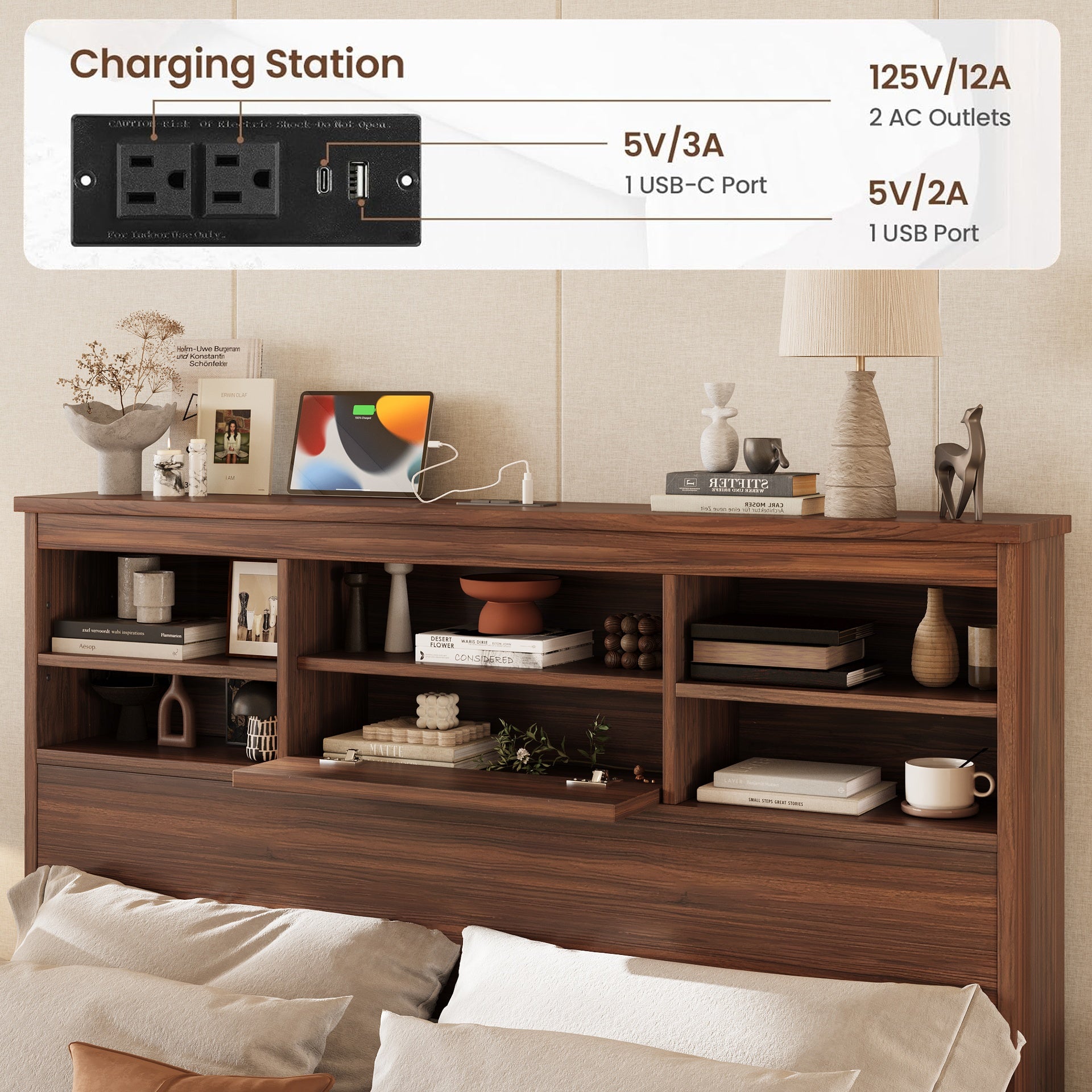 4PCS Bedroom Sets, Wooden Queen Size Bed Frame with Storage Headboard and Charging Station, 2 Nightstands with 2 Drawers, 1 Dresser with 5 Drawers, Walnut