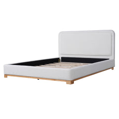 Queen Size Bed Frame with Boucle Upholstered Curved Headboard, Solid Wood Base, White