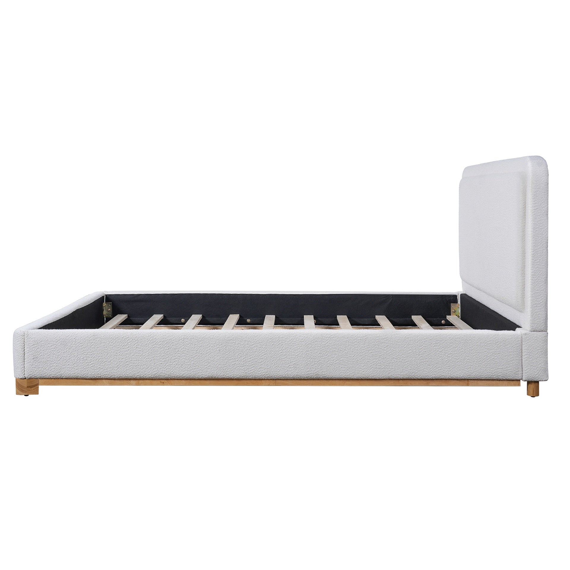 Queen Size Bed Frame with Boucle Upholstered Curved Headboard, Solid Wood Base, White