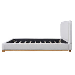 Queen Size Bed Frame with Boucle Upholstered Curved Headboard, Solid Wood Base, White