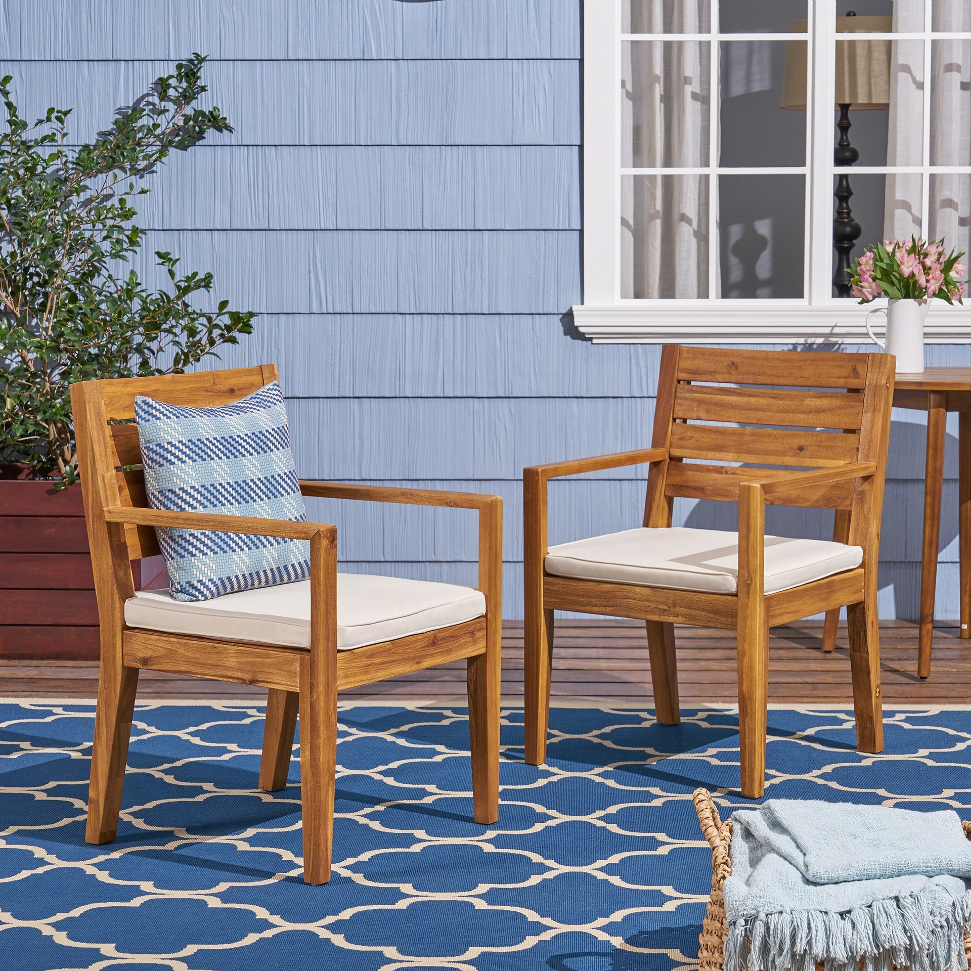 Outdoor Dining Chair Set of 2,Sandblast Natural Stained With Beige Cushion