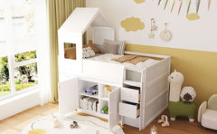 Twin Size Wooden Loft Bed with Desk, Drawers,Cabinets,White
