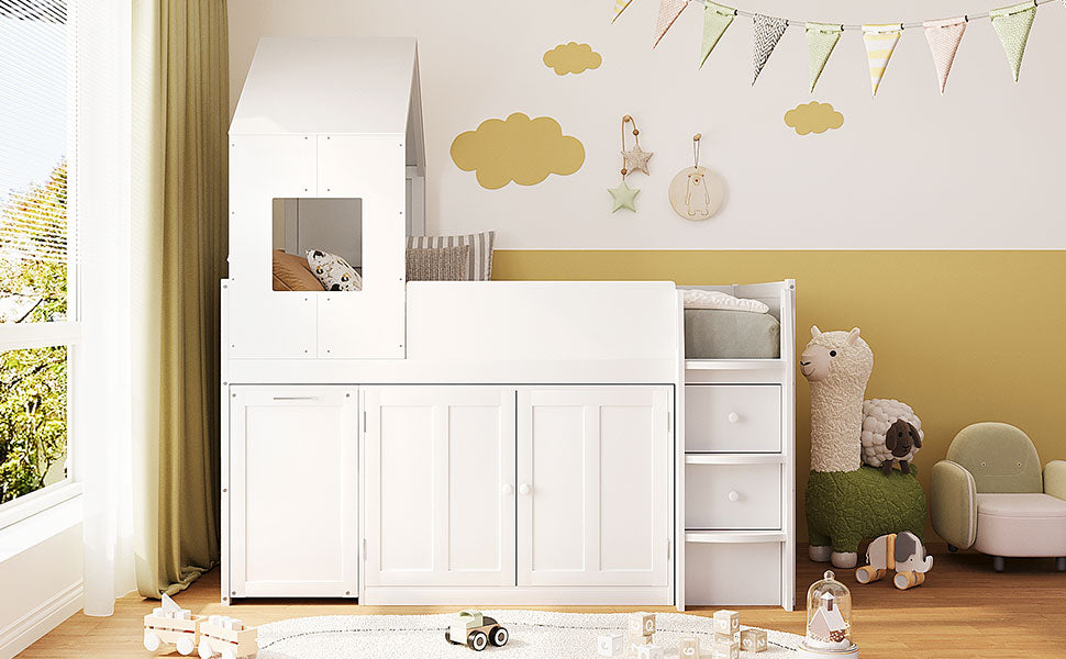 Twin Size Wooden Loft Bed with Desk, Drawers,Cabinets,White