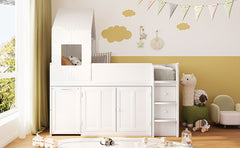Twin Size Wooden Loft Bed with Desk, Drawers,Cabinets,White