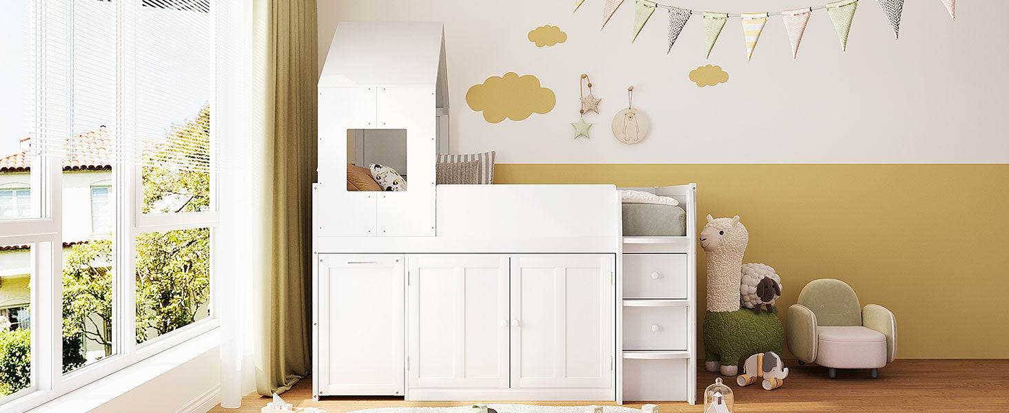 Twin Size Wooden Loft Bed with Desk, Drawers,Cabinets,White