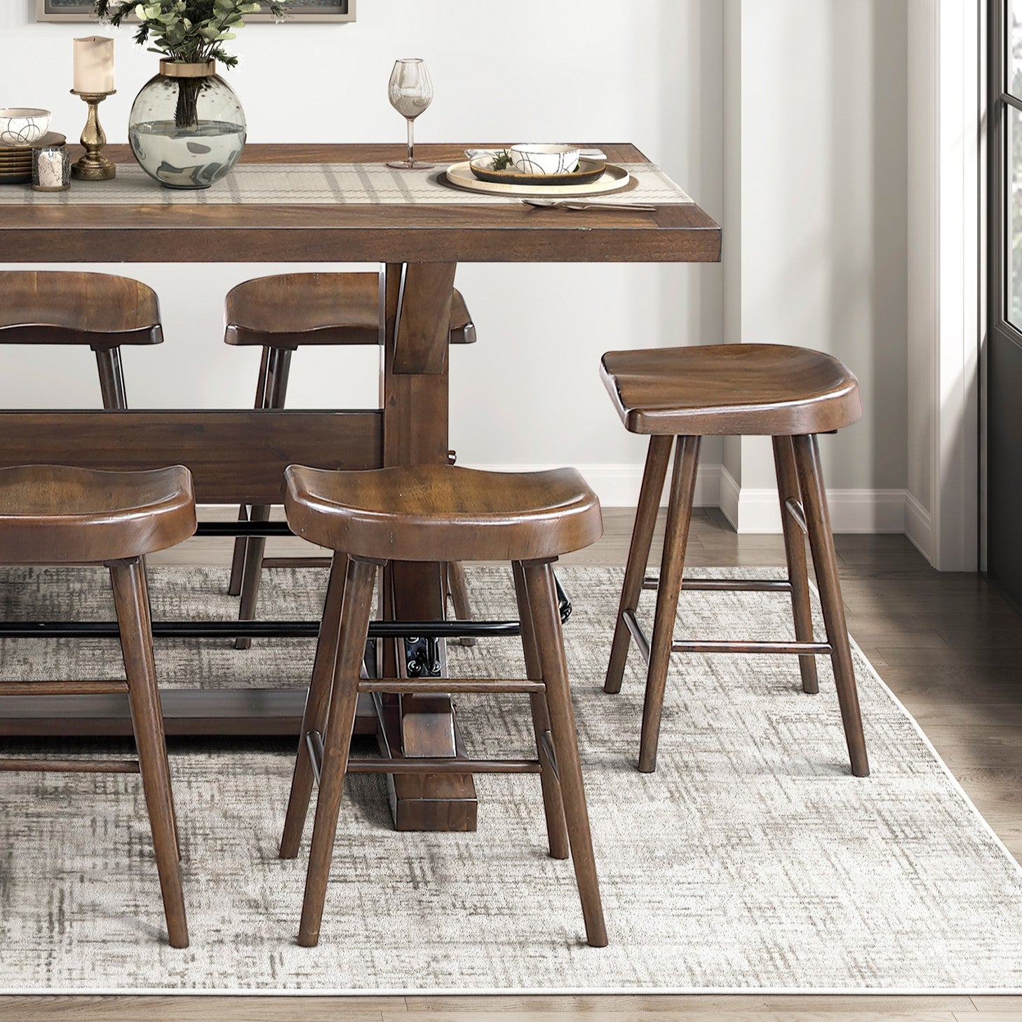 Brown Finish 9pc Counter Height Set Dining Table w Metal Footrest and 8x Stools Sturdy Wood Frame Classic Aesthetic Furniture