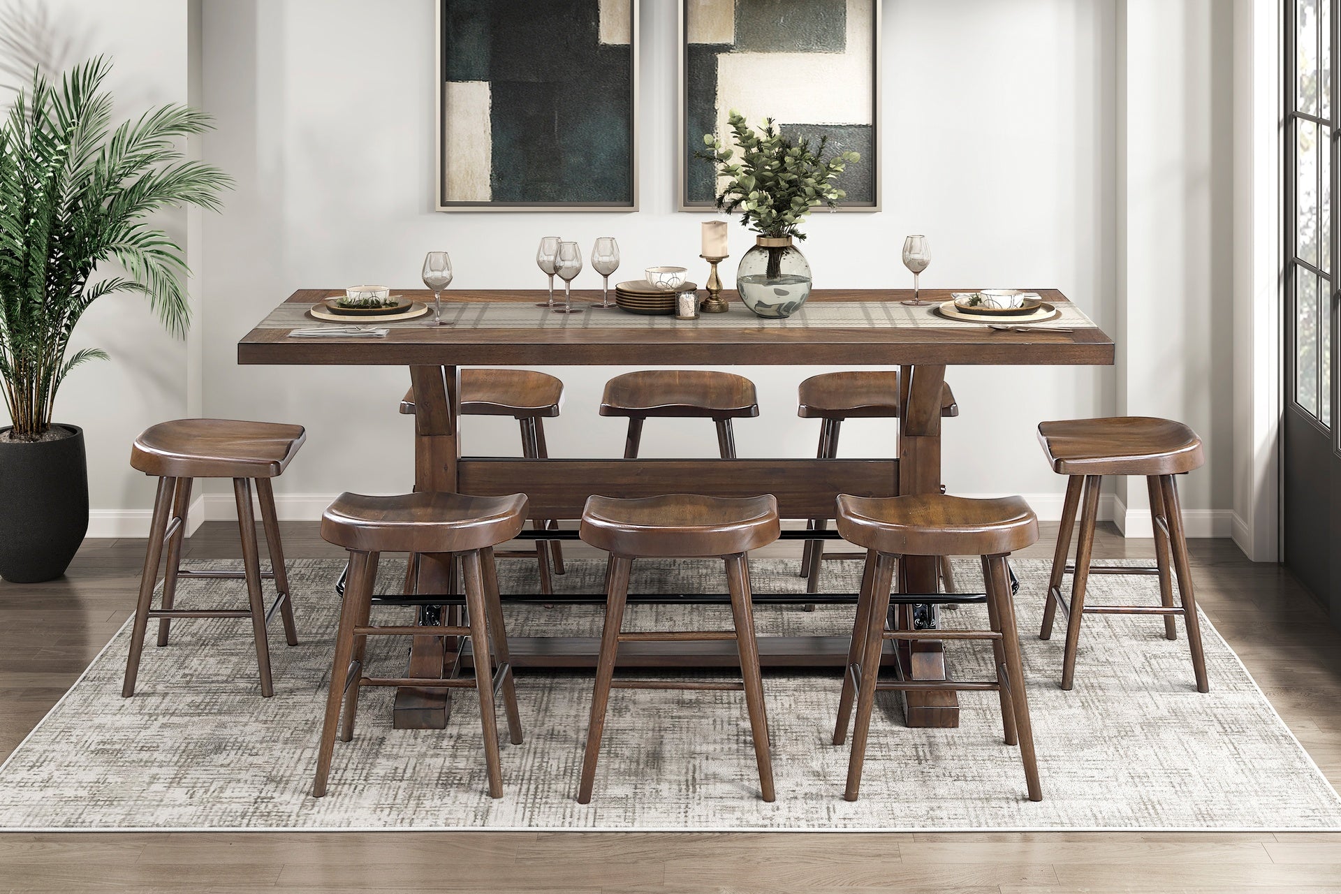 Brown Finish 9pc Counter Height Set Dining Table w Metal Footrest and 8x Stools Sturdy Wood Frame Classic Aesthetic Furniture