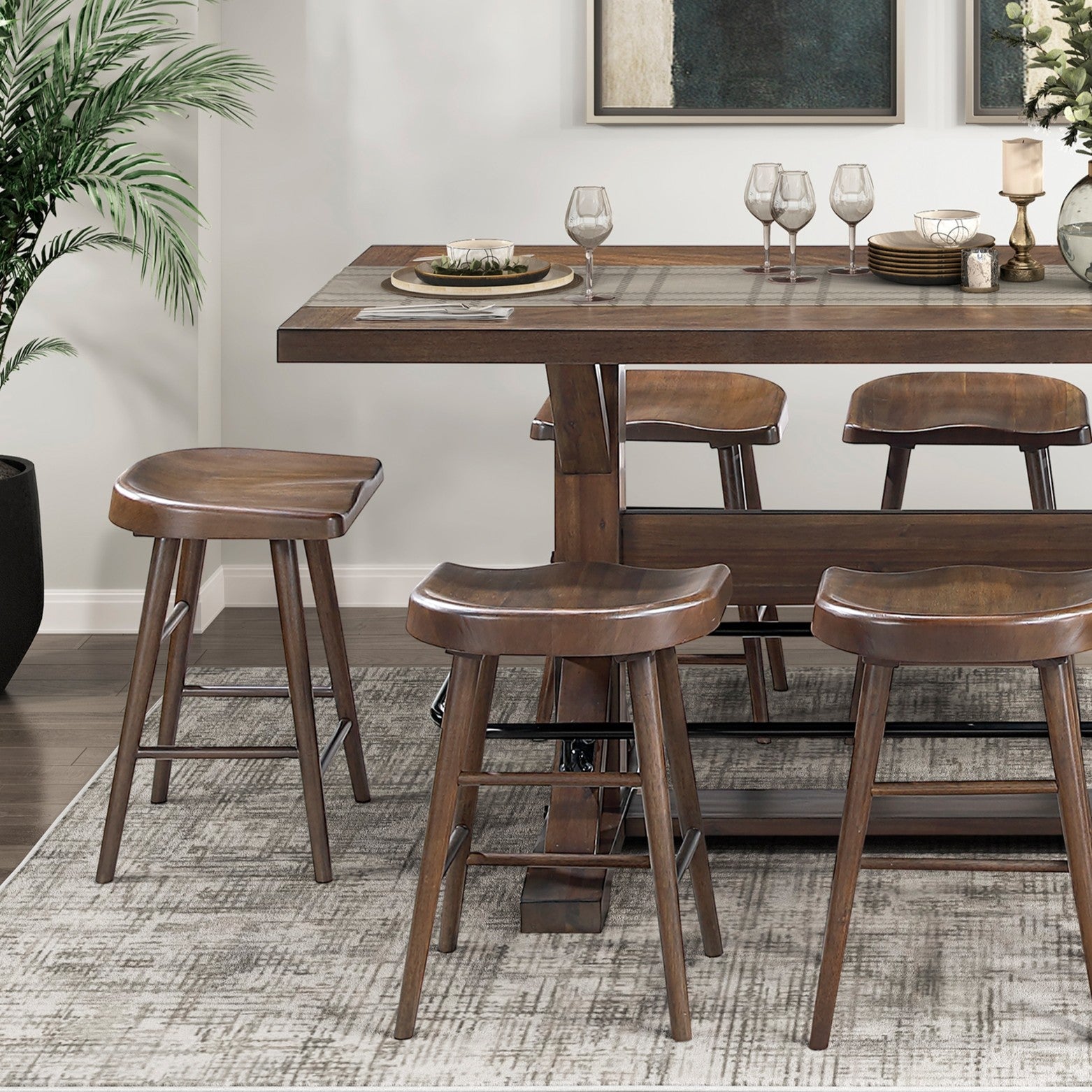 Brown Finish 9pc Counter Height Set Dining Table w Metal Footrest and 8x Stools Sturdy Wood Frame Classic Aesthetic Furniture