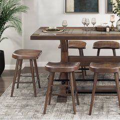 Brown Finish 9pc Counter Height Set Dining Table w Metal Footrest and 8x Stools Sturdy Wood Frame Classic Aesthetic Furniture