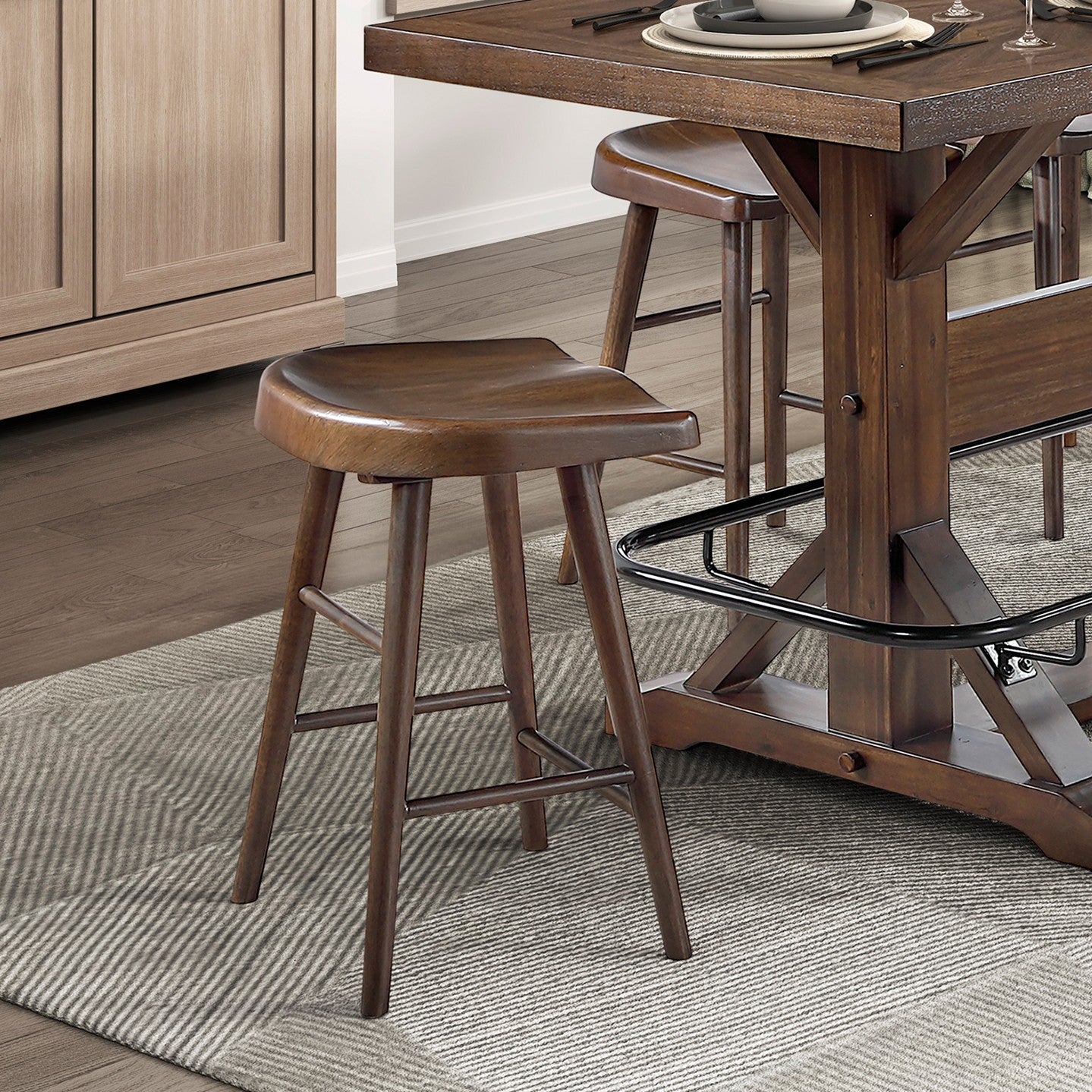 Brown Finish 7pc Counter Height Set Dining Table w Metal Footrest and 6x Stools Sturdy Wood Frame Classic Aesthetic Furniture