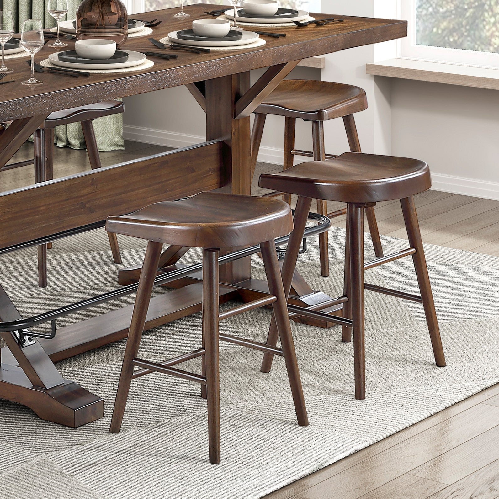 Brown Finish 7pc Counter Height Set Dining Table w Metal Footrest and 6x Stools Sturdy Wood Frame Classic Aesthetic Furniture