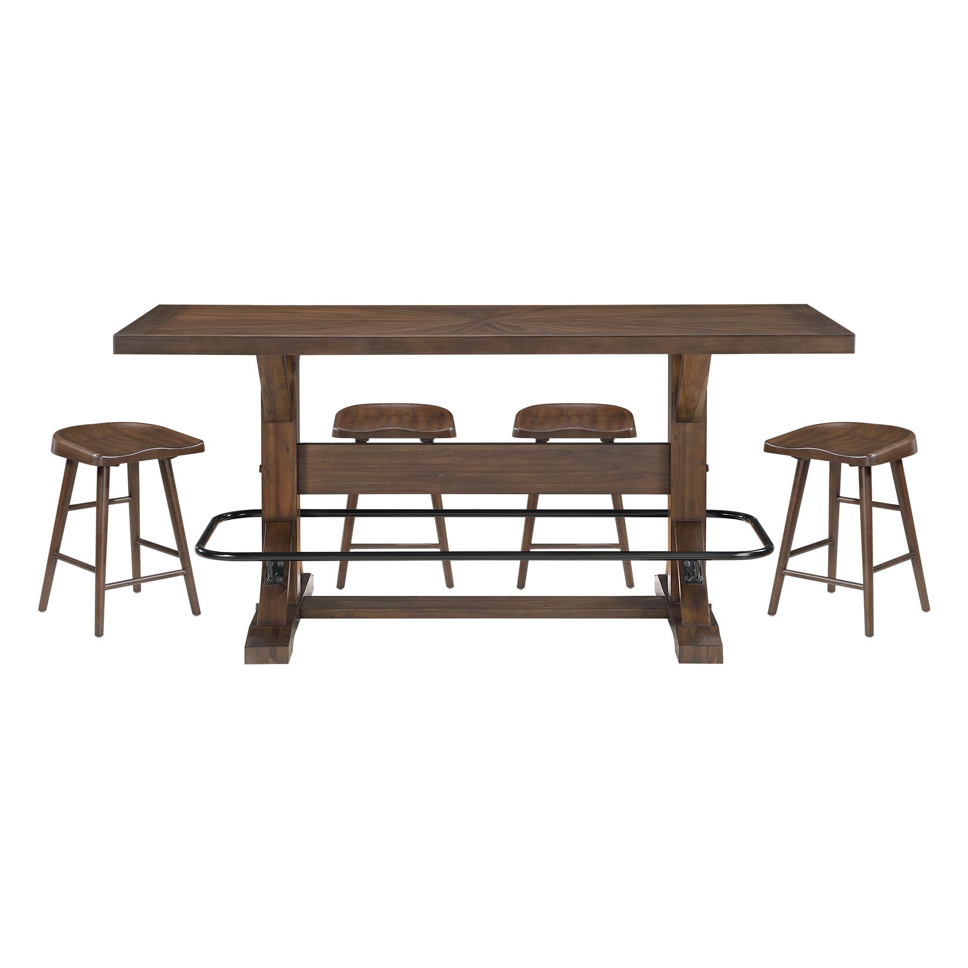 Brown Finish 5pc Counter Height Furniture Set Table w Metal Footrest and 4x Stools Sturdy Wood Frame Classic Aesthetic