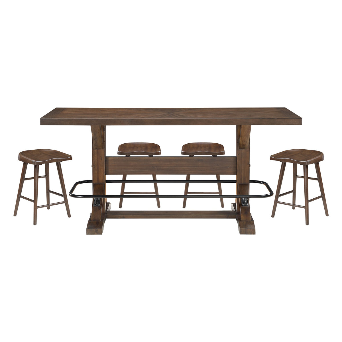 Brown Finish 5pc Counter Height Furniture Set Table w Metal Footrest and 4x Stools Sturdy Wood Frame Classic Aesthetic