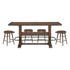 Brown Finish 5pc Counter Height Furniture Set Table w Metal Footrest and 4x Stools Sturdy Wood Frame Classic Aesthetic