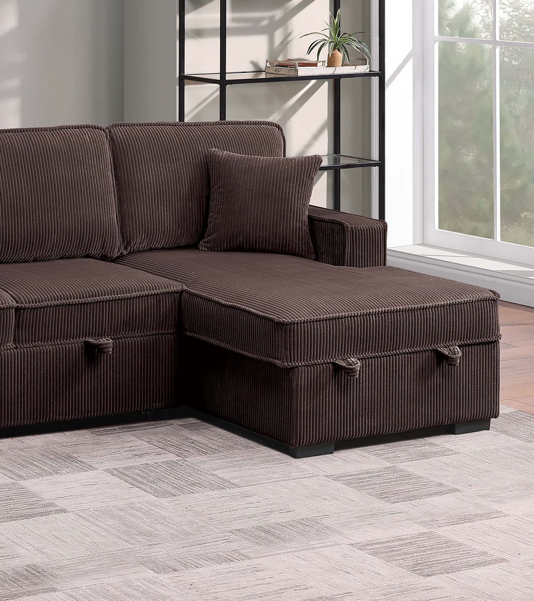 Chocolate Finish Modern Style Convertible Sectional 3pc Corduroy Fabric Upholstered Sleeper Sofa Two Storage Chaises Primary Living Room