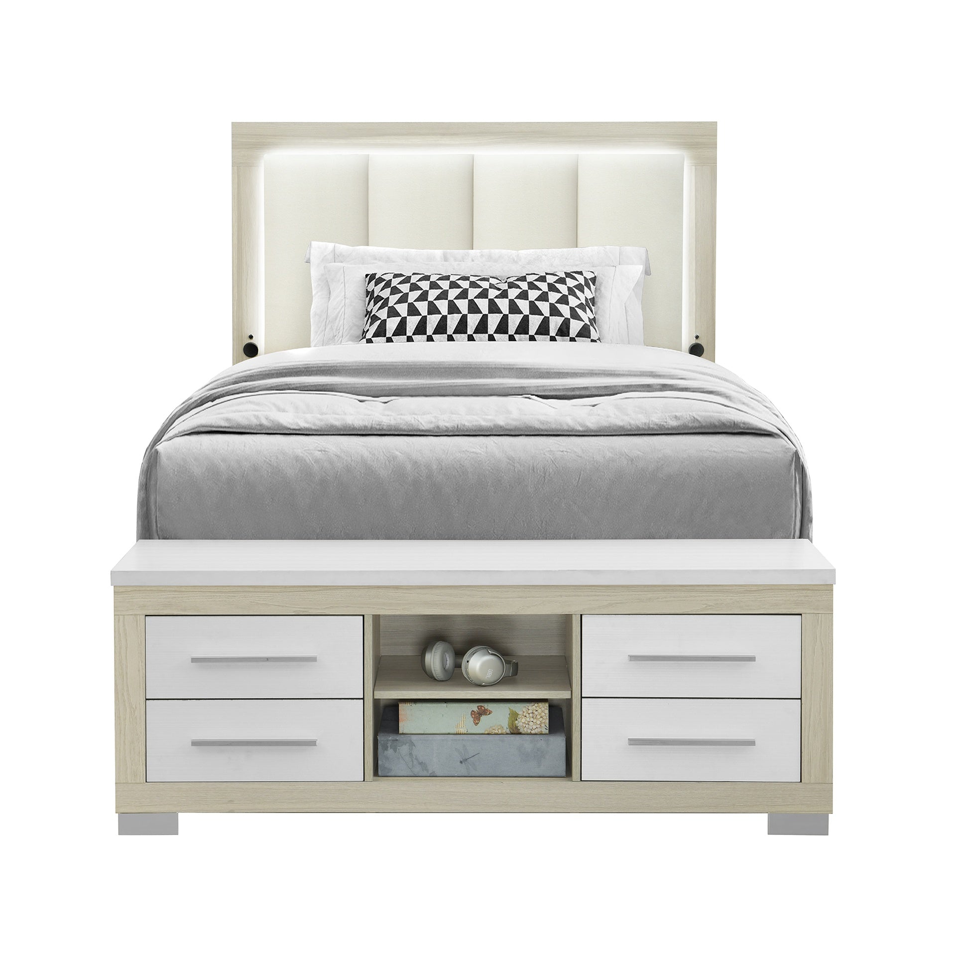 Elsa Natural and White Storage and LED Queen Bed