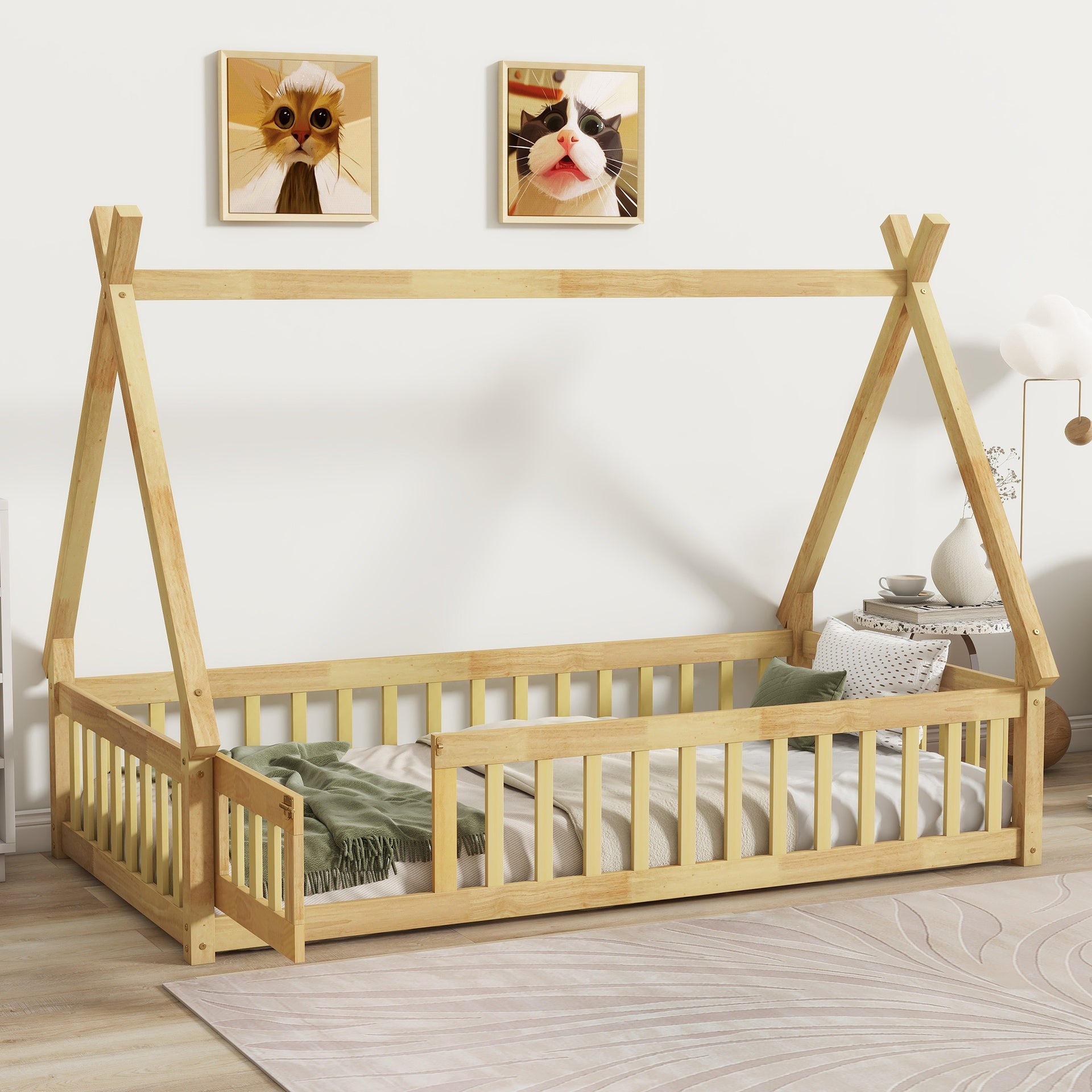Twin Tent-shaped Floor Bed,Teepee Bed with Guardrails,Slats and Door,Natural
