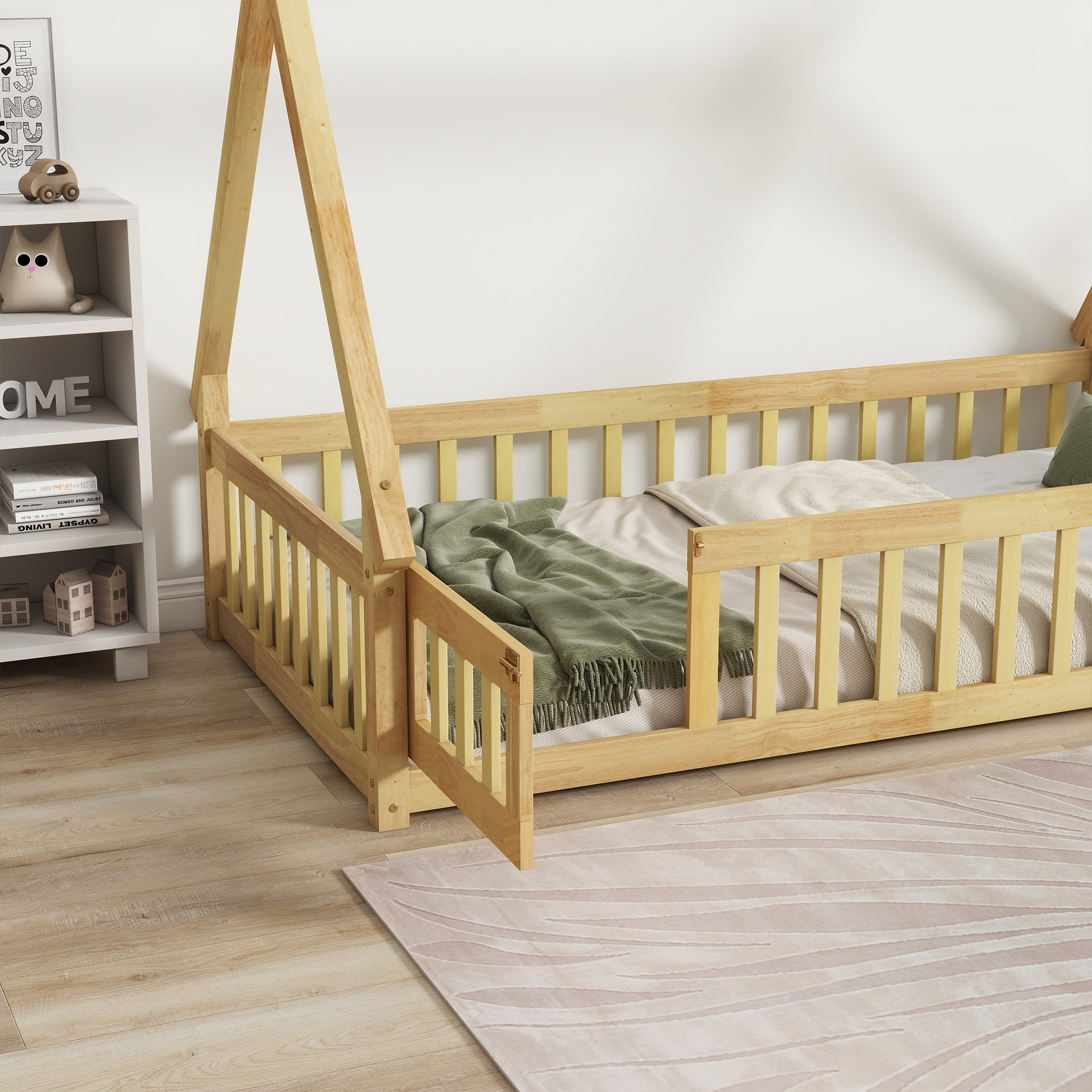 Twin Tent-shaped Floor Bed,Teepee Bed with Guardrails,Slats and Door,Natural