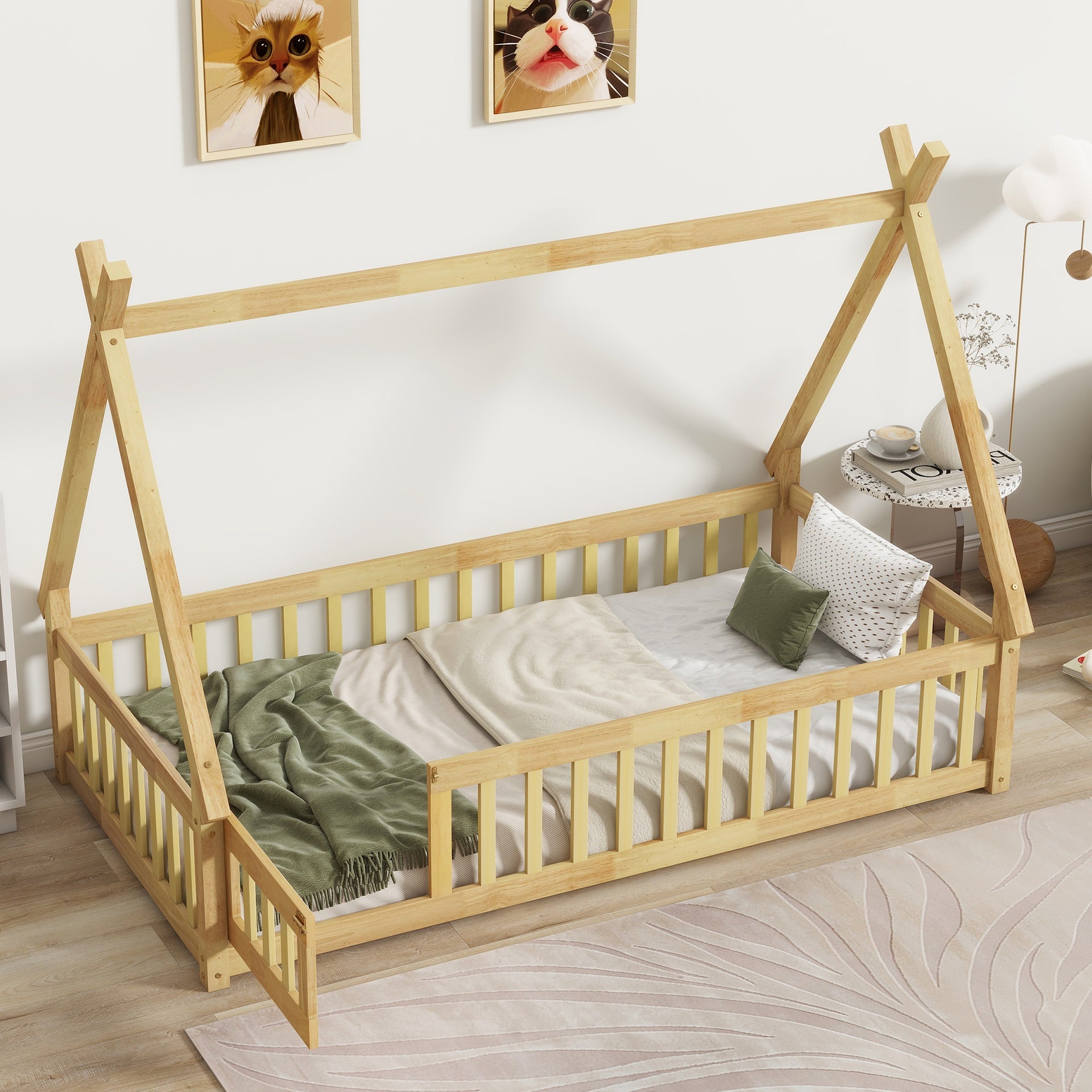 Twin Tent-shaped Floor Bed,Teepee Bed with Guardrails,Slats and Door,Natural