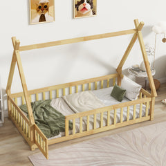 Twin Tent-shaped Floor Bed,Teepee Bed with Guardrails,Slats and Door,Natural