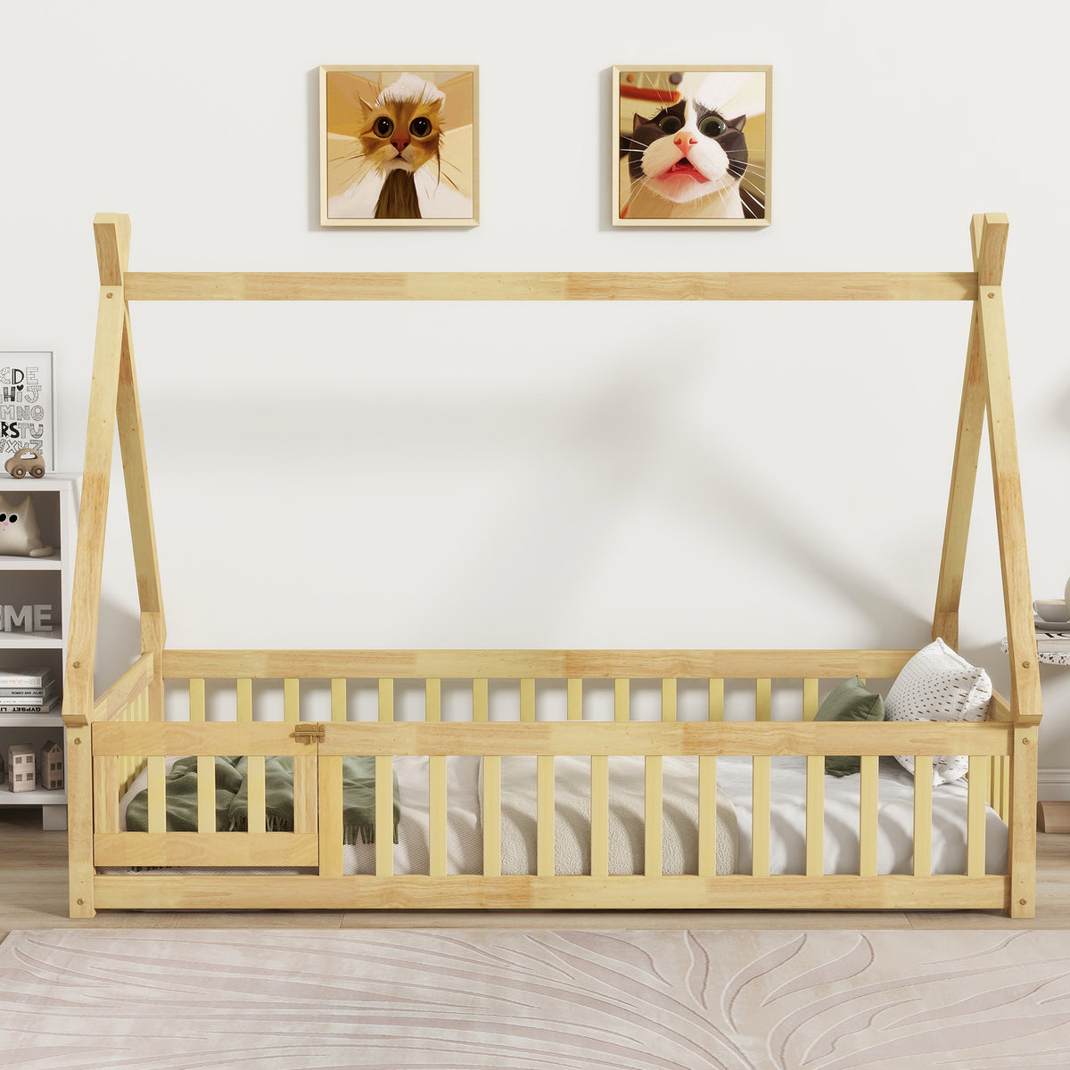 Twin Tent-shaped Floor Bed,Teepee Bed with Guardrails,Slats and Door,Natural