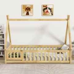 Twin Tent-shaped Floor Bed,Teepee Bed with Guardrails,Slats and Door,Natural