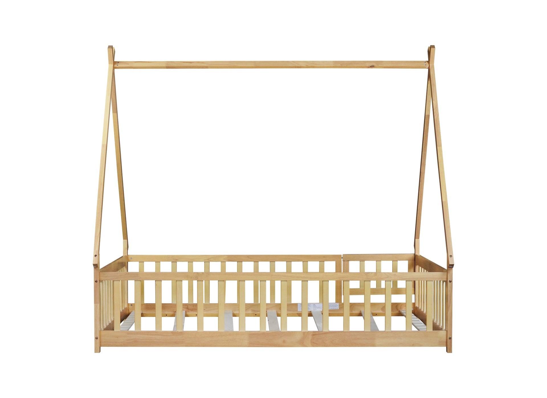 Full Size Rubber Wood Tent-shaped Floor Bed,with Guardrails,Slats and Door,Natural