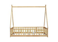 Full Size Rubber Wood Tent-shaped Floor Bed,with Guardrails,Slats and Door,Natural