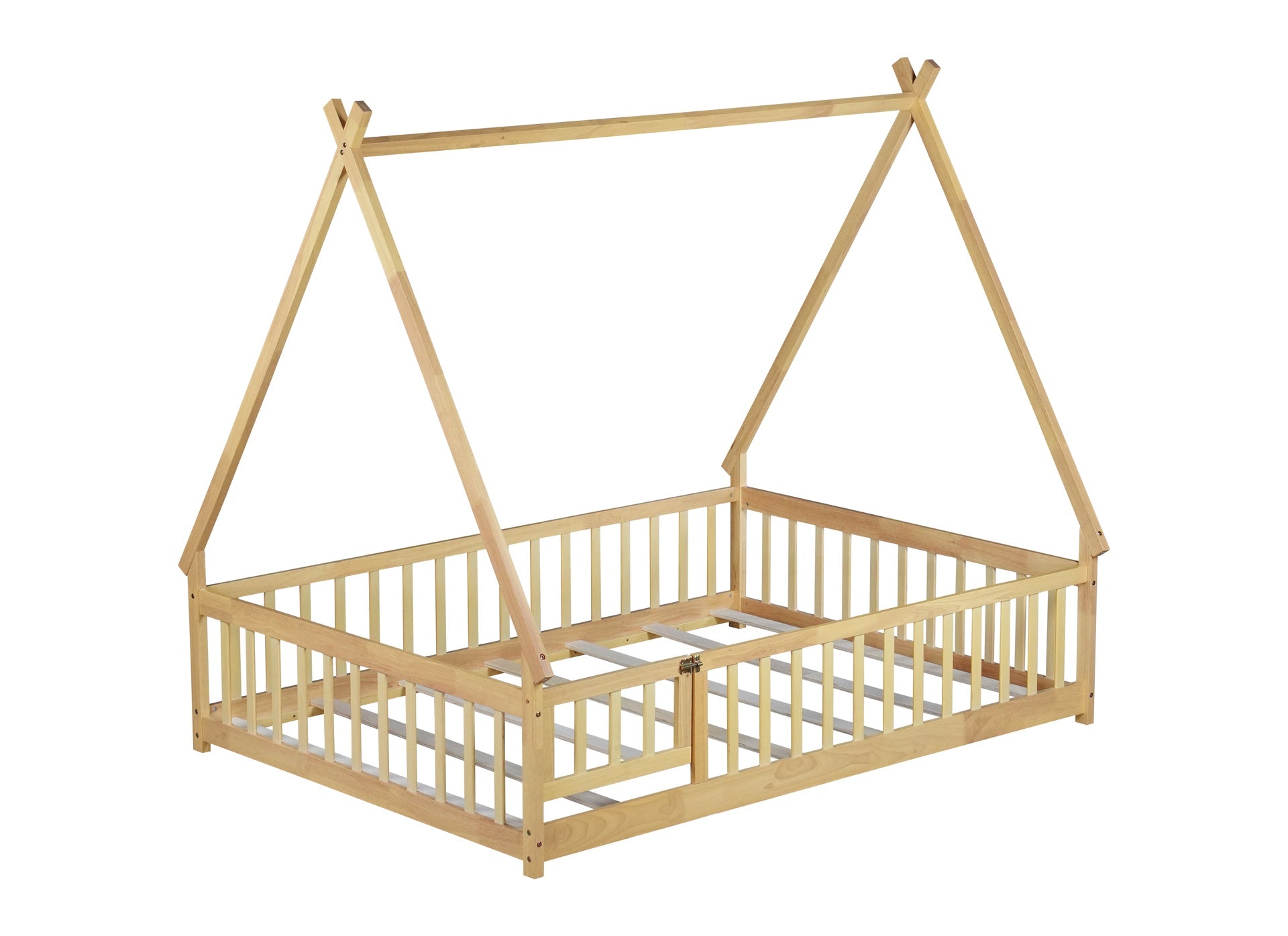 Full Size Rubber Wood Tent-shaped Floor Bed,with Guardrails,Slats and Door,Natural