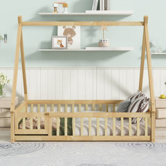 Full Size Rubber Wood Tent-shaped Floor Bed,with Guardrails,Slats and Door,Natural