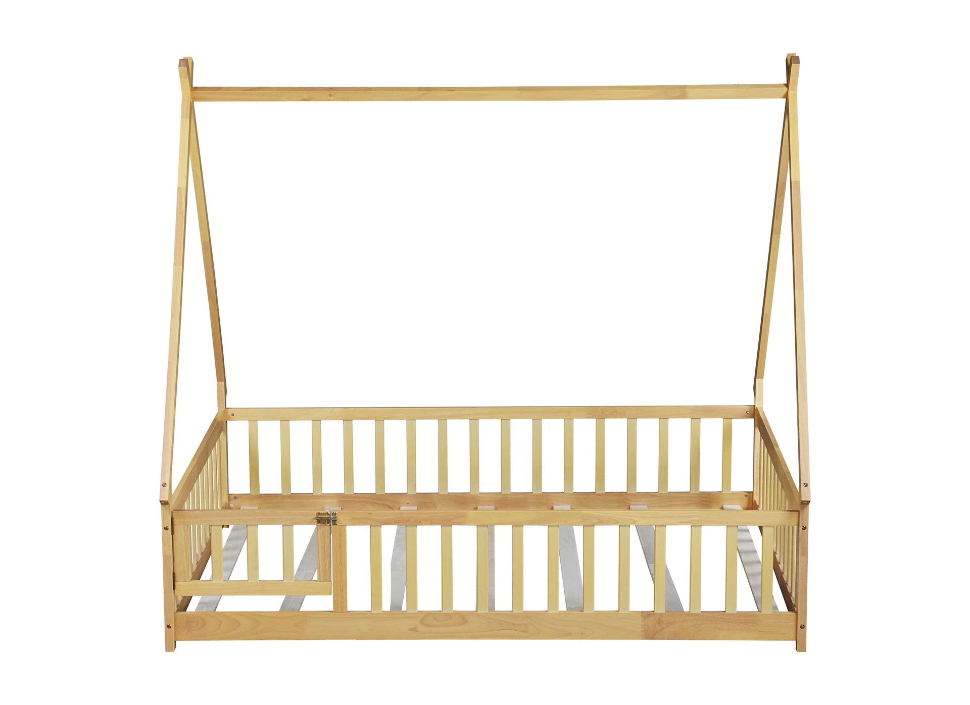 Full Size Rubber Wood Tent-shaped Floor Bed,with Guardrails,Slats and Door,Natural