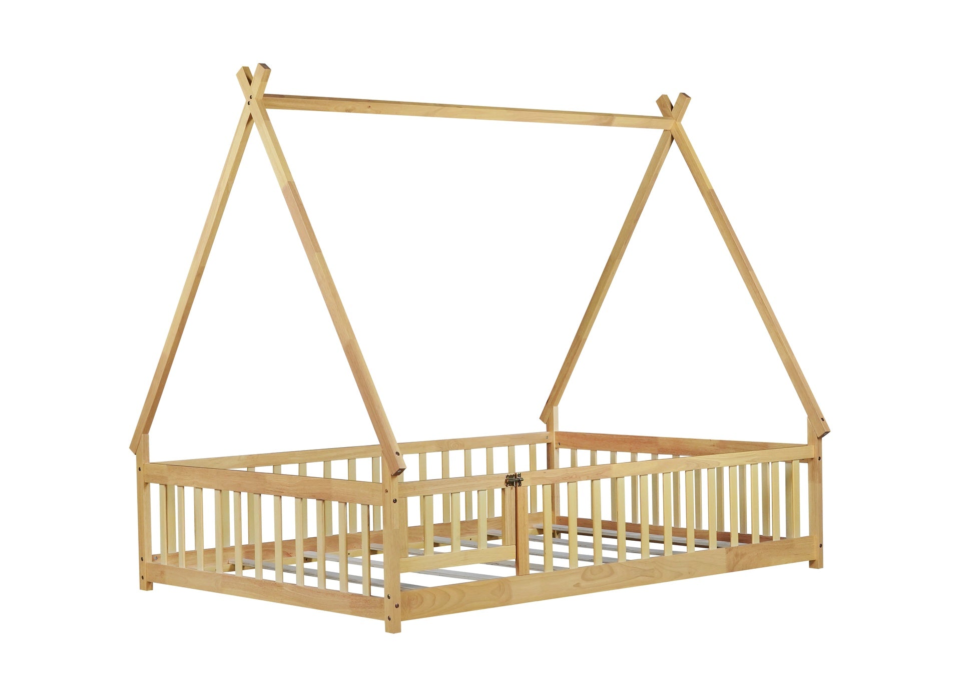 Full Size Rubber Wood Tent-shaped Floor Bed,with Guardrails,Slats and Door,Natural