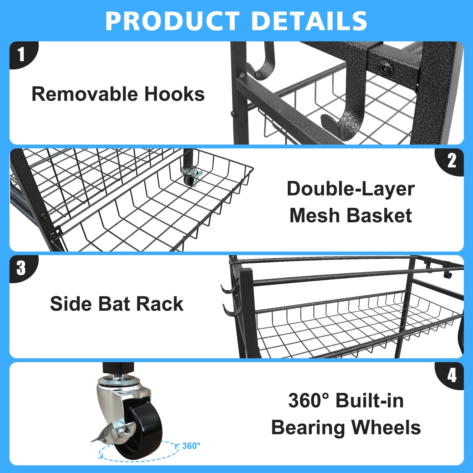Garage Sports Equipment Organizer, Large Capacity Ball Storage Rack, Rolling Ball Cart with Wheels for Indoor & Outdoor