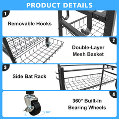 Garage Sports Equipment Organizer, Large Capacity Ball Storage Rack, Rolling Ball Cart with Wheels for Indoor & Outdoor