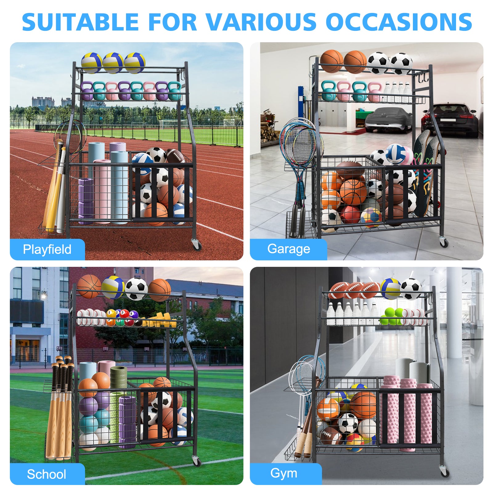 Garage Sports Equipment Organizer, Large Capacity Ball Storage Rack, Rolling Ball Cart with Wheels for Indoor & Outdoor